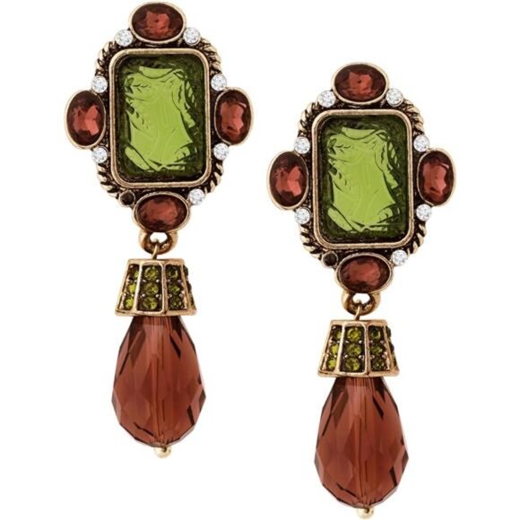 Vintage Retro Statement Dangle Earrings | Green & Brown Drop Pendant - Picture 1 of 6